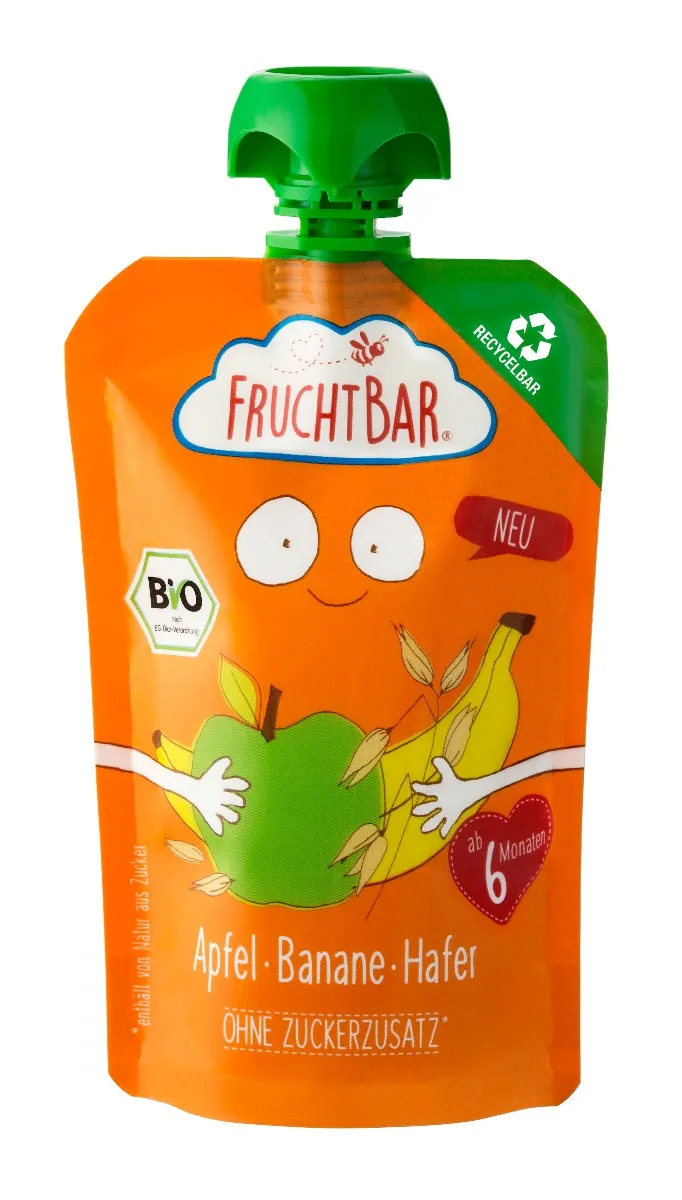FruchtBar BIO Ovocná kapsička s jablkem, pomerančem, banánem a ovsem 100% recykovatelná