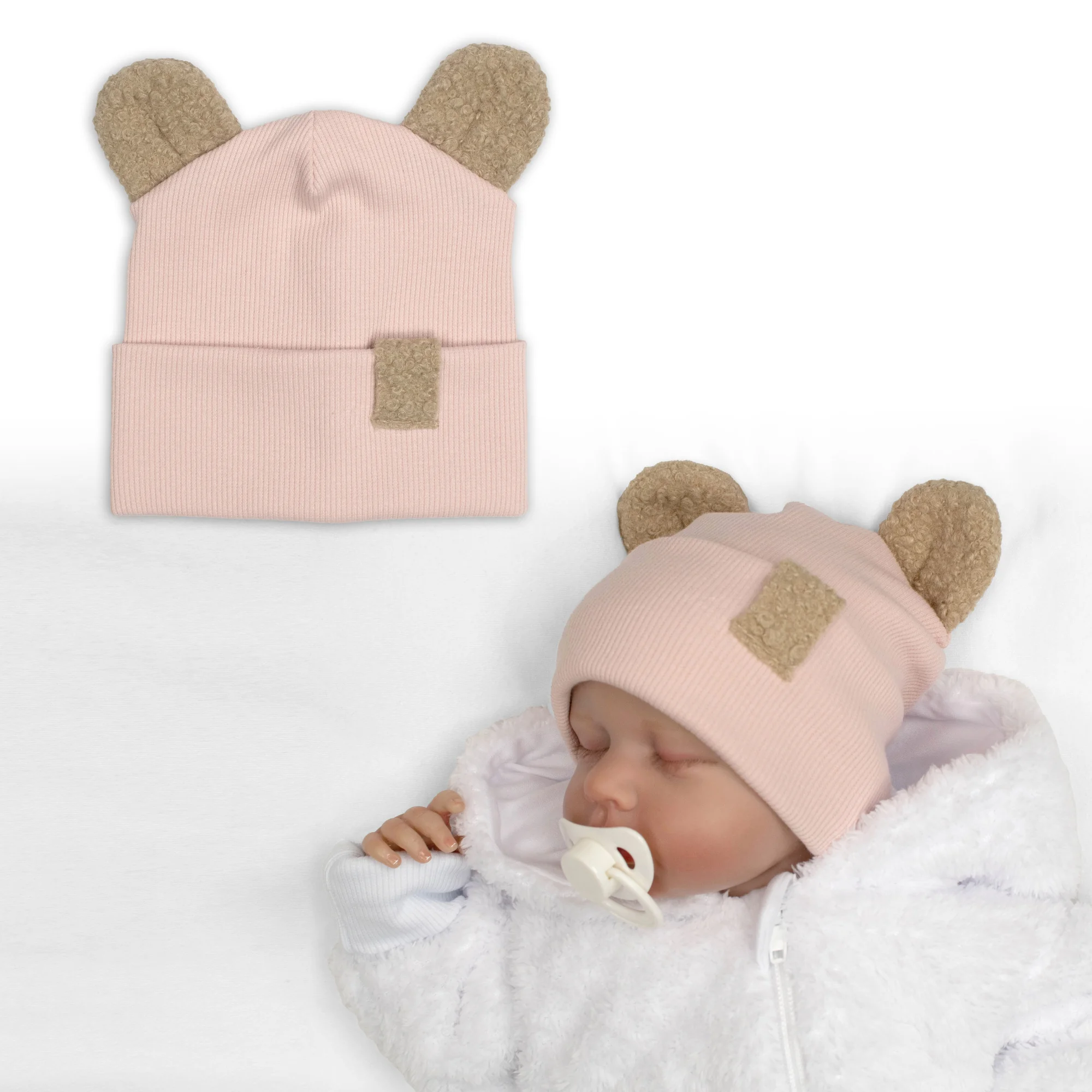 Baby Nellys Dvouvrstvá žebrovaná čepička s oušky boucle medvídek - růžová, 68/74