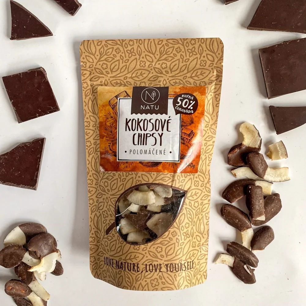 NATU Kokosové chipsy polomáčené 50% hořká čokoláda 140 g
