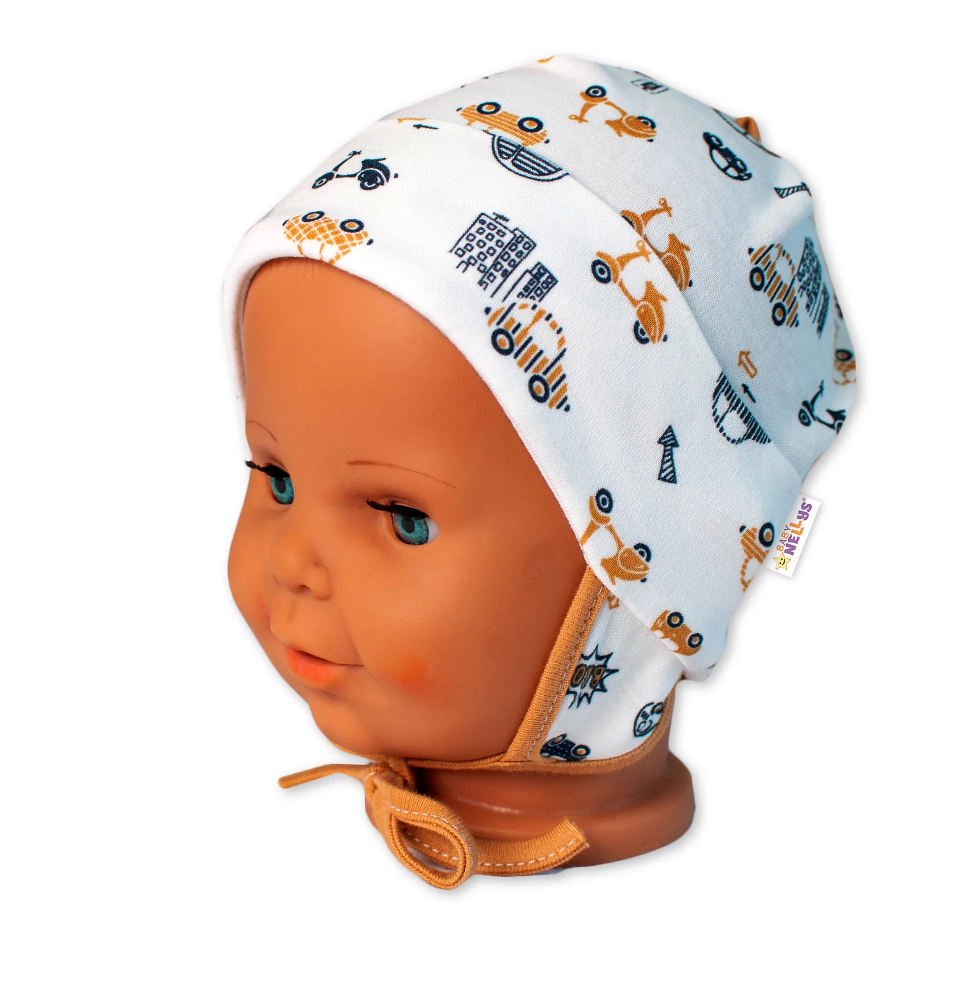 Baby Nellys Bavlněná čepička s oušky na zavazování- Car, smetanová/hnědá
