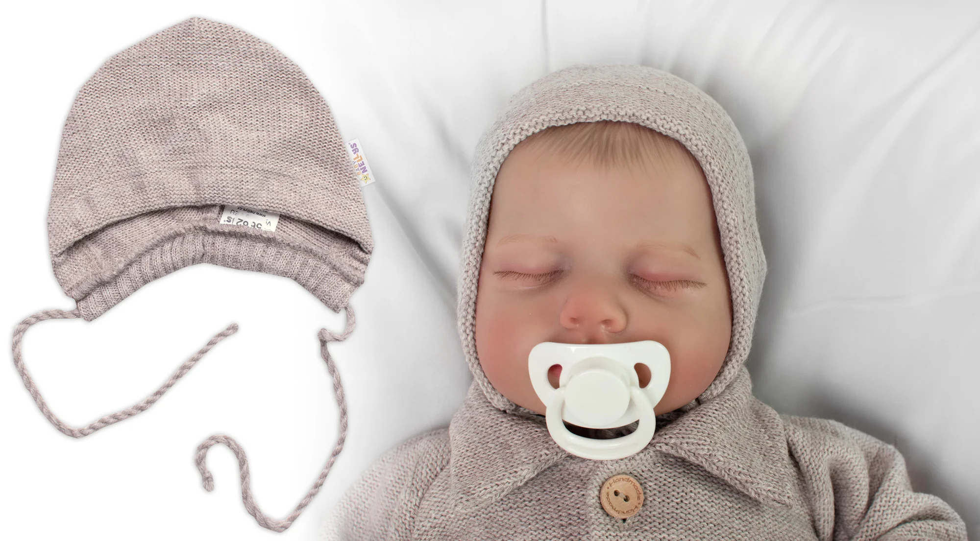 Baby Nellys Pletená čepička bonetka Boy, béžová,56/62