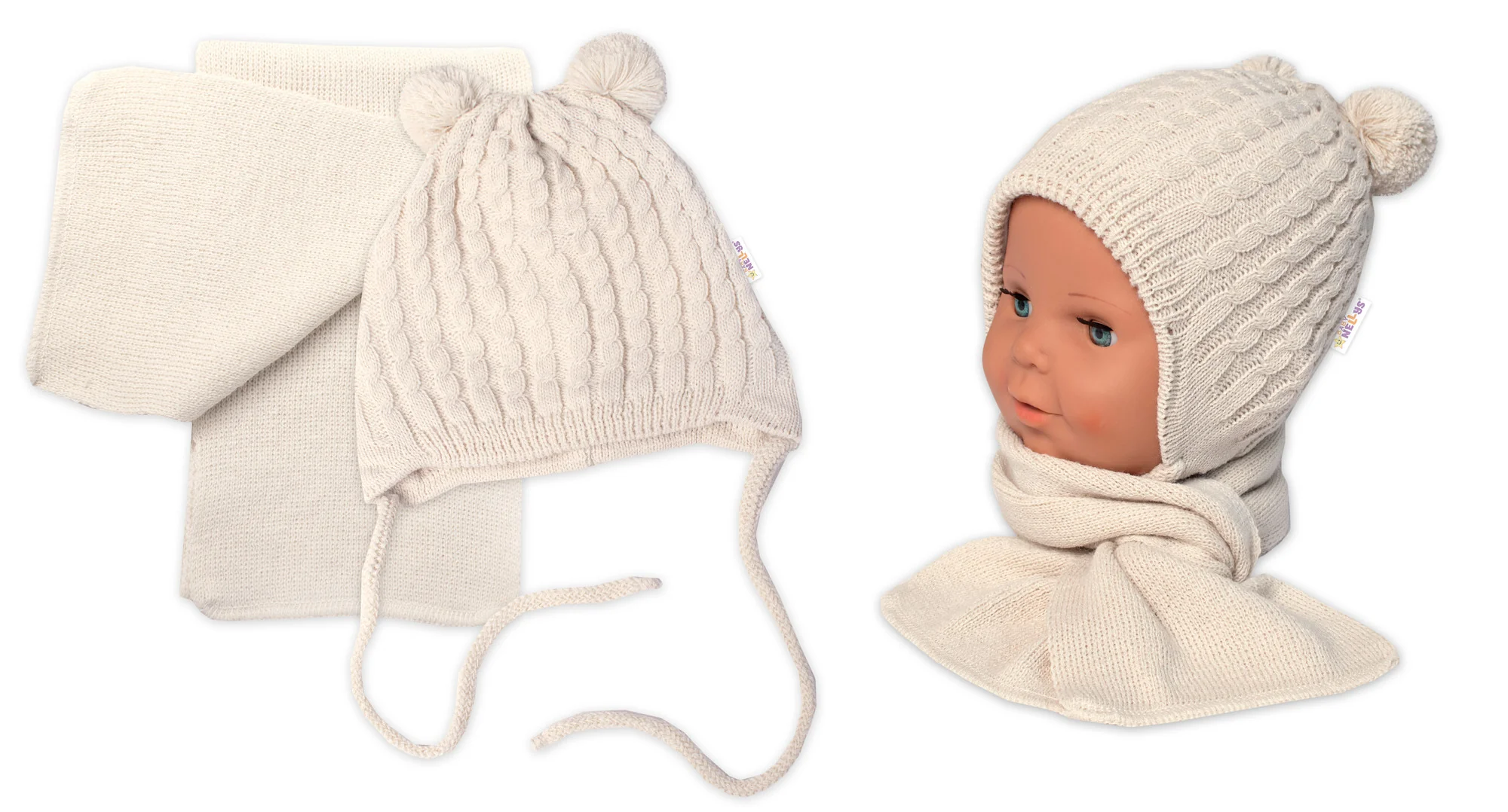 Baby Nellys Zimní čepice na zavazování s bambulky + šál, béžová vel. 62/68
