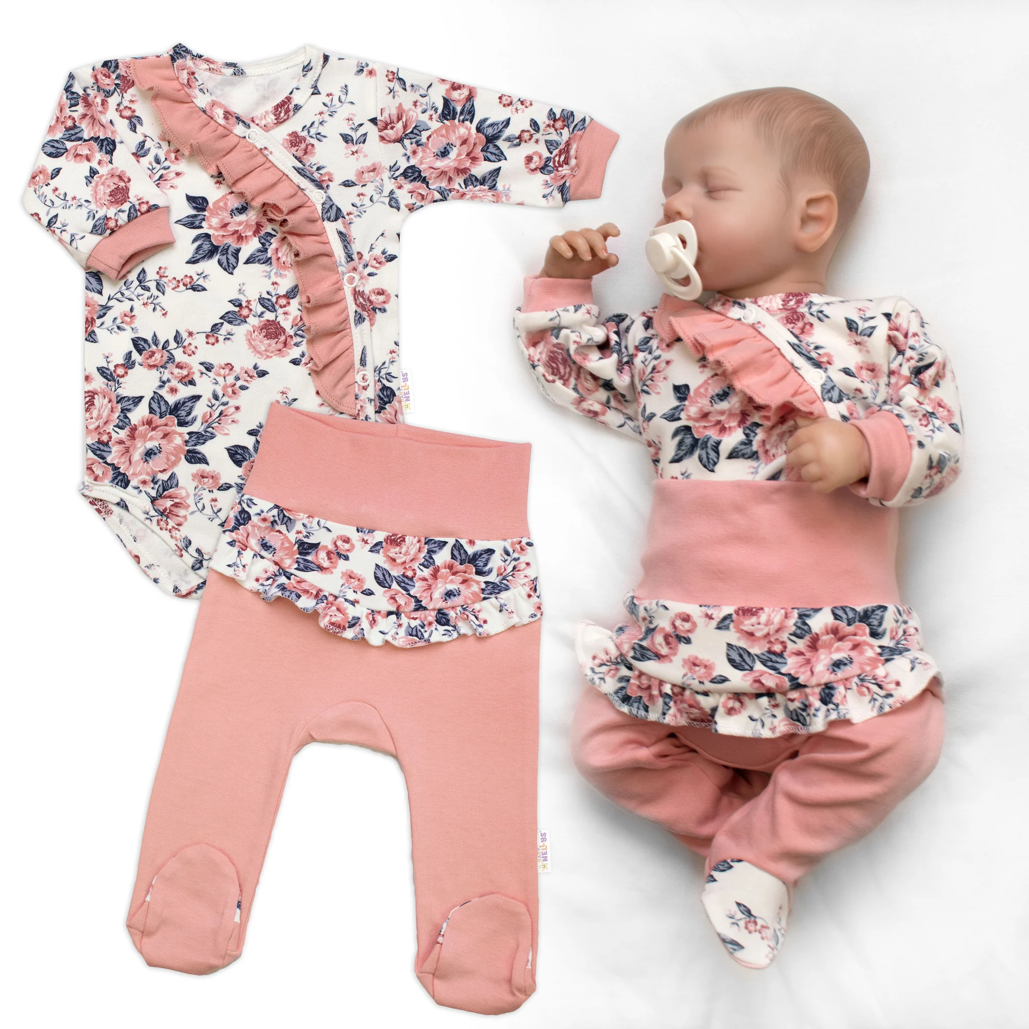 Baby Nellys Bavlněná sada 2D, body + polodupačky Růžičky, pudrově růžová vel. 74