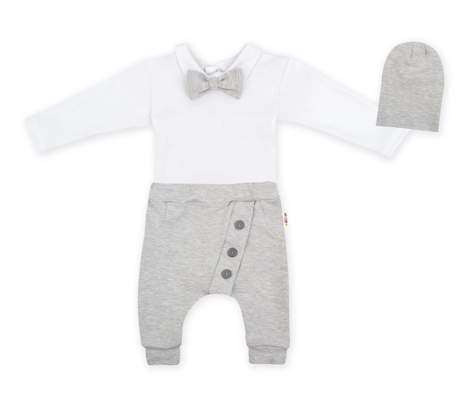 Baby Nellys 3-dílná sada Hubert, body s motýlkem, tepláčky a čepička - šedý vel. 92