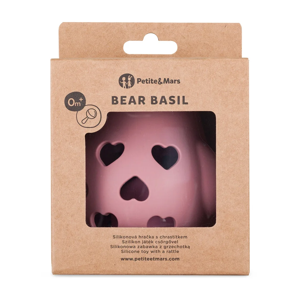 Petite&Mars Bear Basil 0m+ silikonová hračka s chrastítkem 1 ks dusty rose