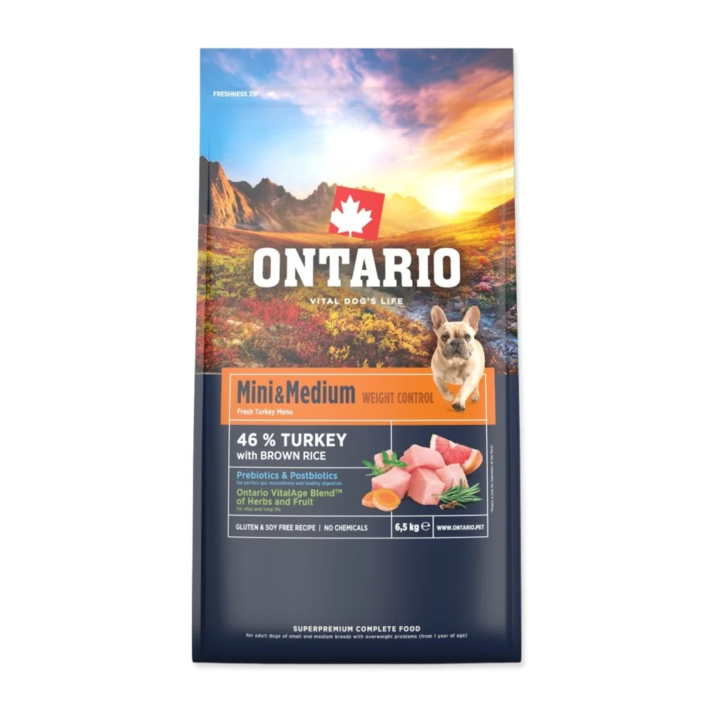 Ontario Mini & Medium Weight Control Turkey & Brown Rice krmivo 6,5 kg