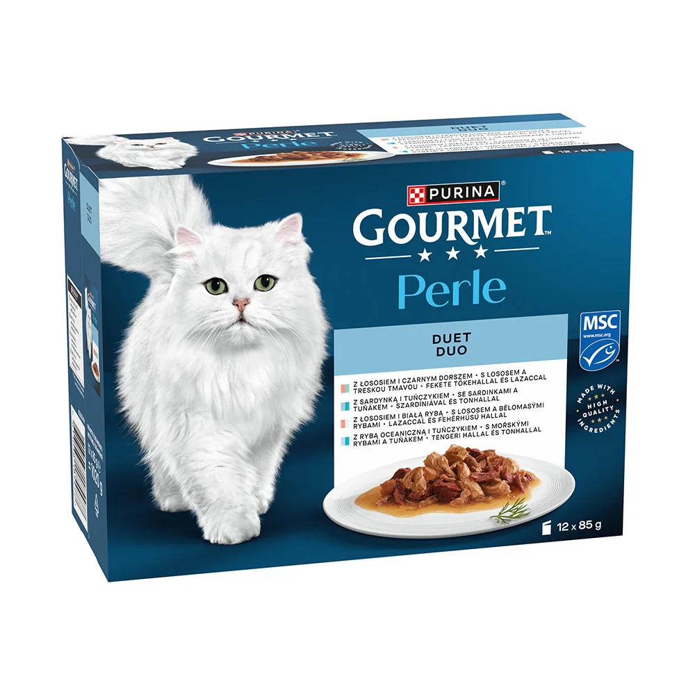 Purina Gourmet Perle losos a treska, mořské ryby a tuňák, losos a ryby, sardinky a tuňák ve šťávě kapsičky pro kočky 12x85 g