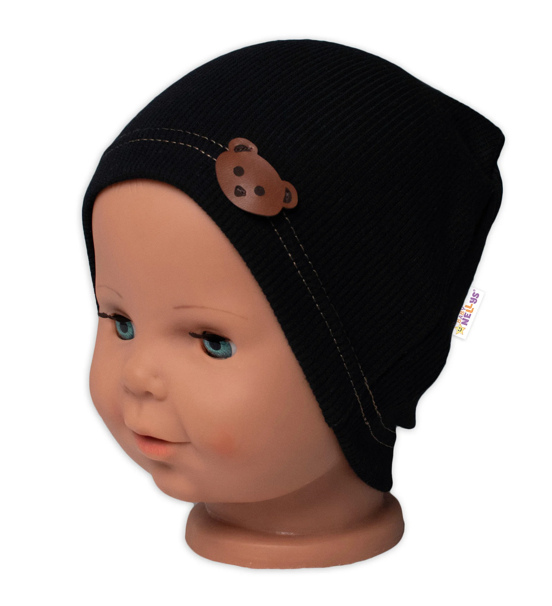 Baby Nellys Žebrovaná čepice Medvídek - černá vel. 80/86