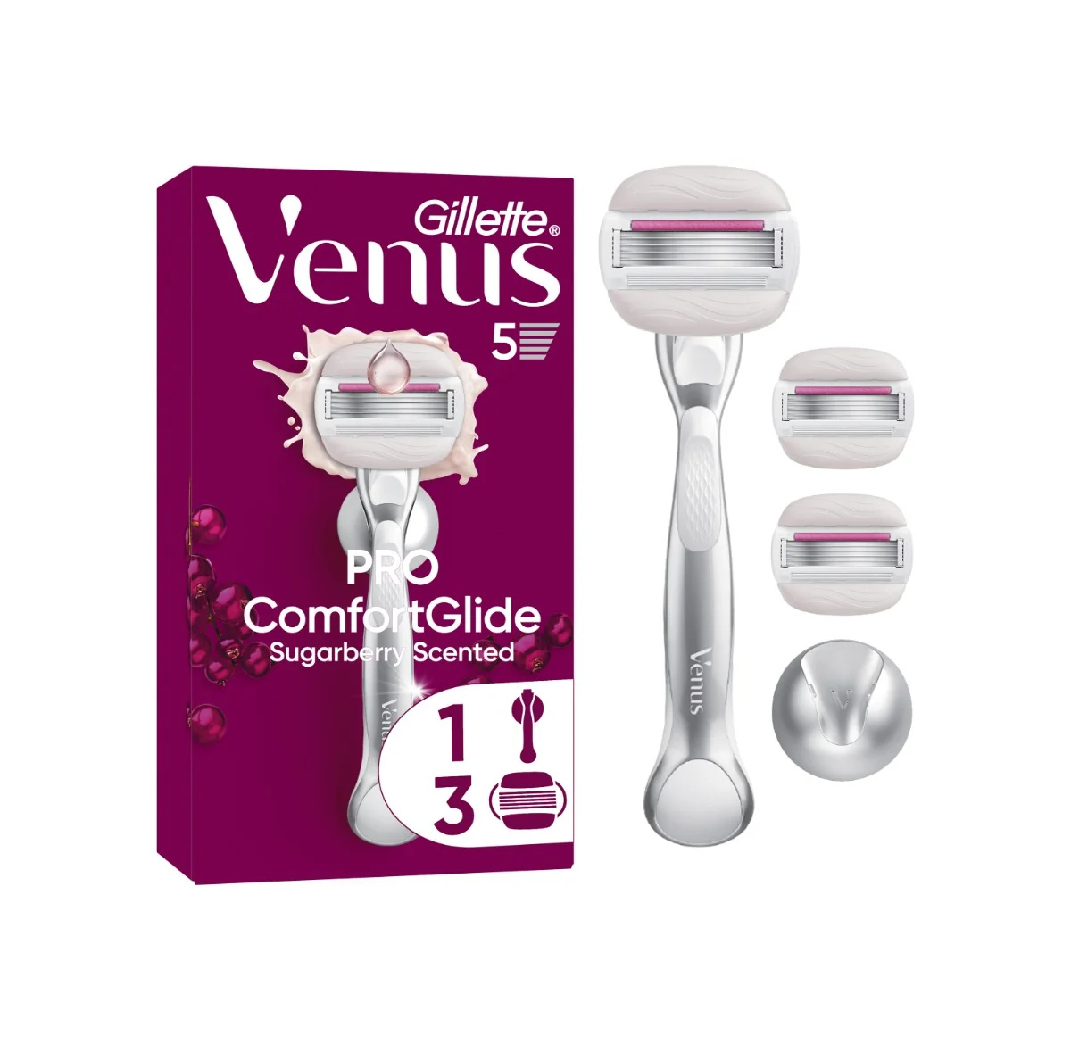 Gillette Venus Pro ComfortGlide Sugarberry holicí strojek, holicí hlavice + nástěnný držáček 3 ks