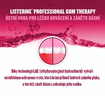 Ústní voda LISTERINE® PROFESSIONAL GUM THERAPY je zdravotnický prostředek pro léčbu krvácení a zánětu dásní