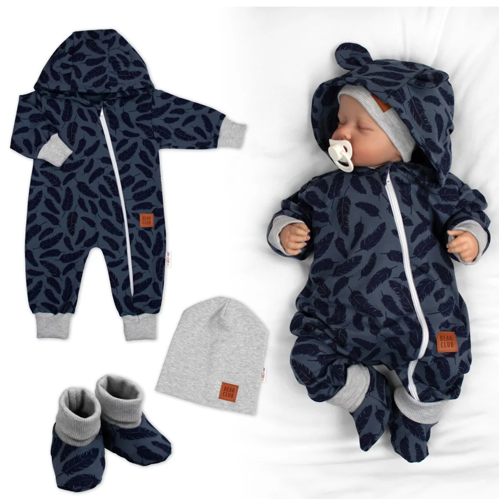 Baby Nellys Rostoucí teplákový overal, čepice, botky, 3D, Nature - jeans pírka, 80/86