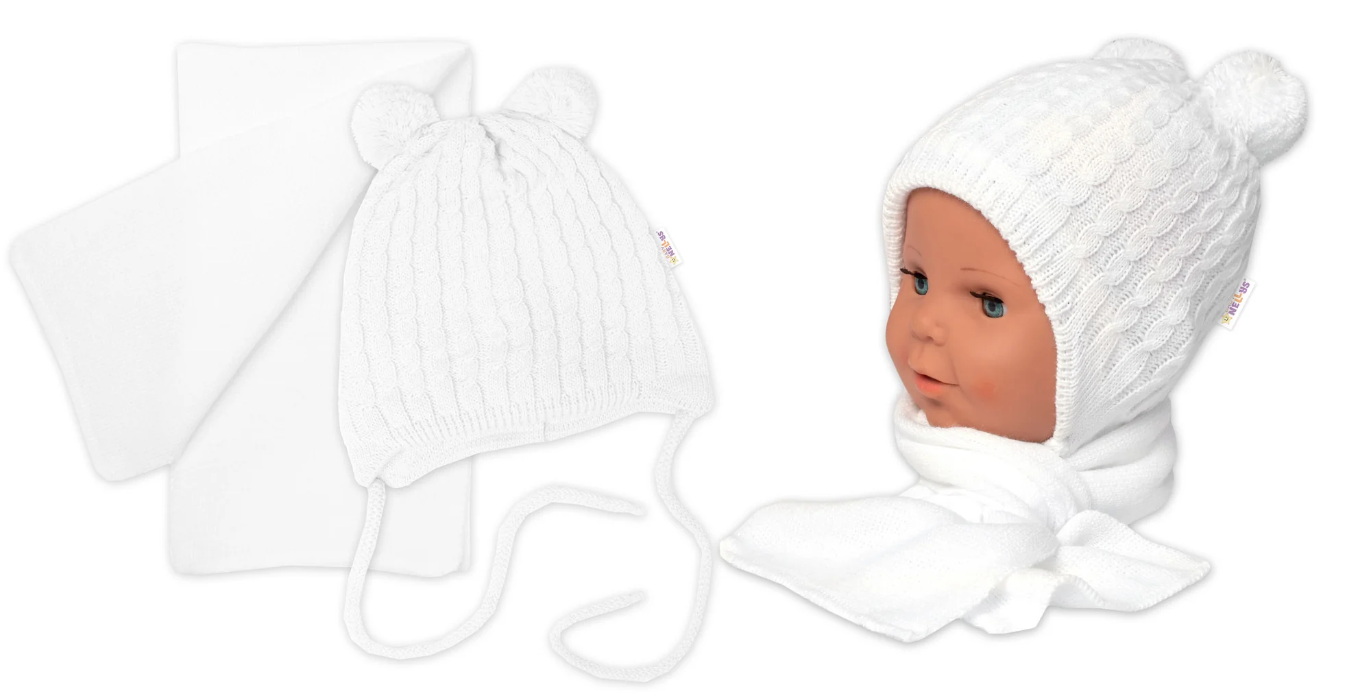 Baby Nellys Zimní čepice na zavazování s bambulky + šál, bílá vel. 62/68