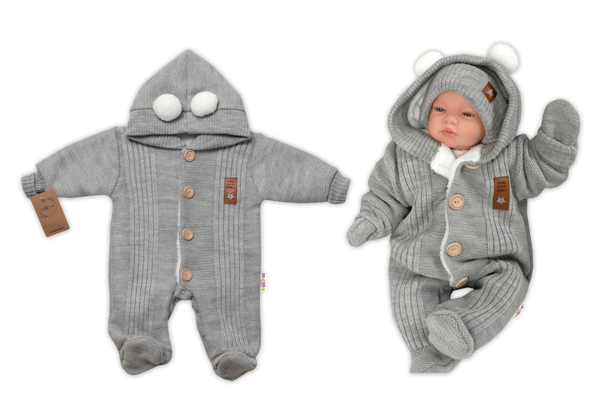 Baby Nellys Pletená kombinéza/overal LUX STAR s kožíškem - dvouvrstvá, šedá vel. 68