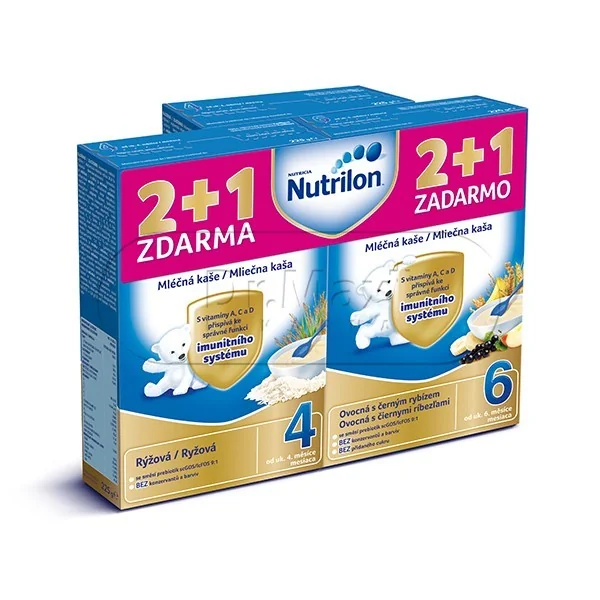 Nutrilon kaše rýžová mléčná 2x225g+ovocná s černým rybízem mléčná 225g 4M,6M