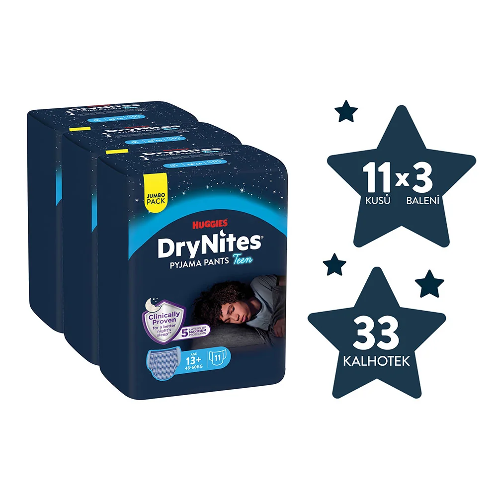 Huggies DryNites Natahovací kalhotky pro chlapce 13+ let 48–60 kg JUMBO 3x11 ks