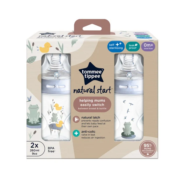 Tommee Tippee Natural Start Samosterilizační kojenecká lahev s Anti-Colic savičkou Pomalý průtok 0m+ 260 ml 2 ks žabička
