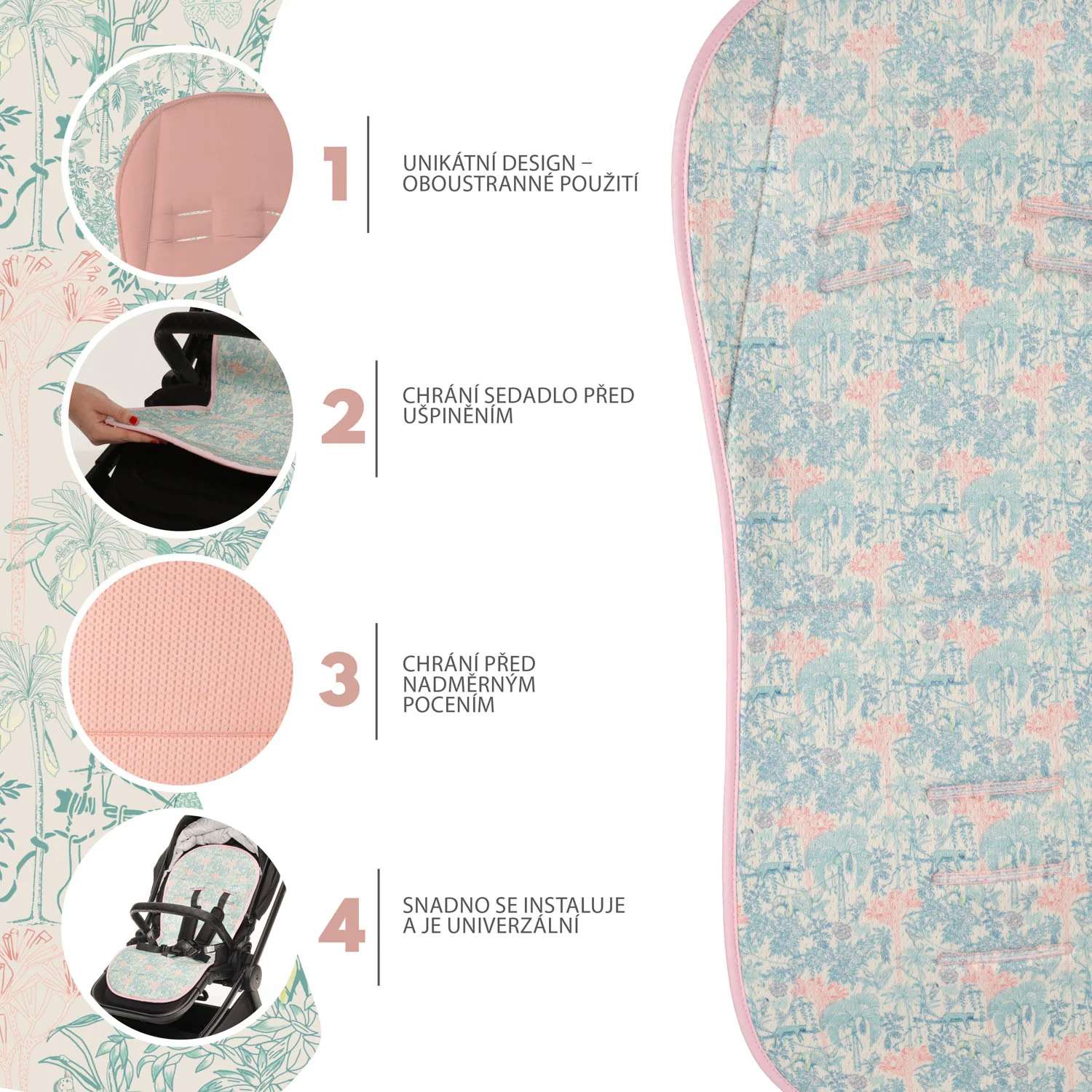 Zopa Podložka do kočárku prodyšná Breeze, Jungle Pink 3