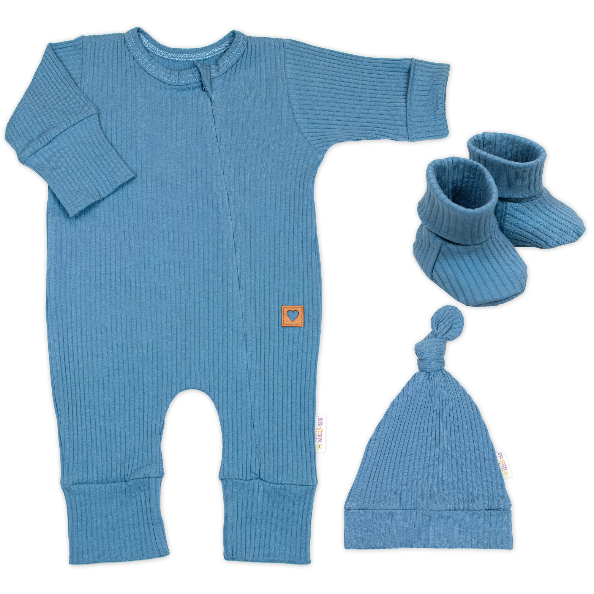 Baby Nellys Rostoucí žebrovaný overálek, čepička a botičky, 3D, Nature - jeans, 62/68