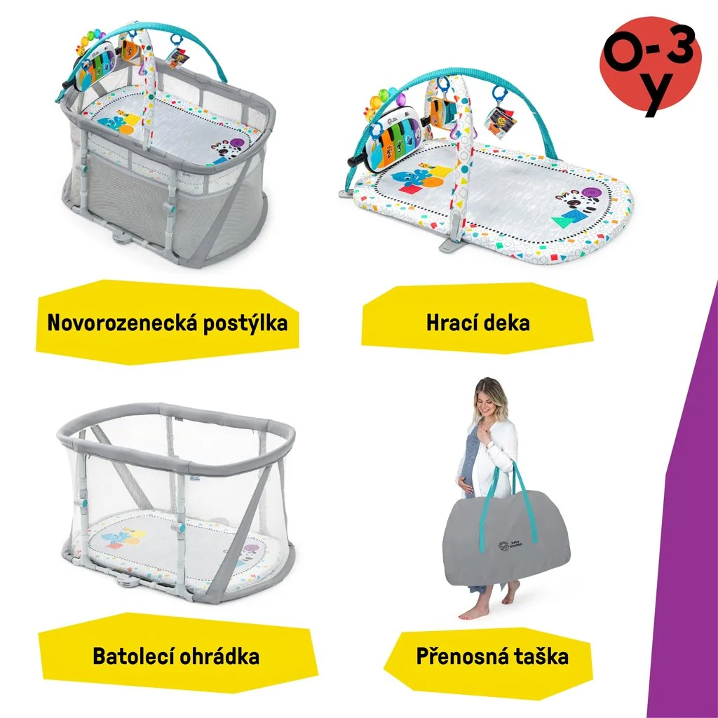Baby Einstein Postýlka s ohrádkou na hraní a klavírem 3v1 Kick & Snooze™ 0m+