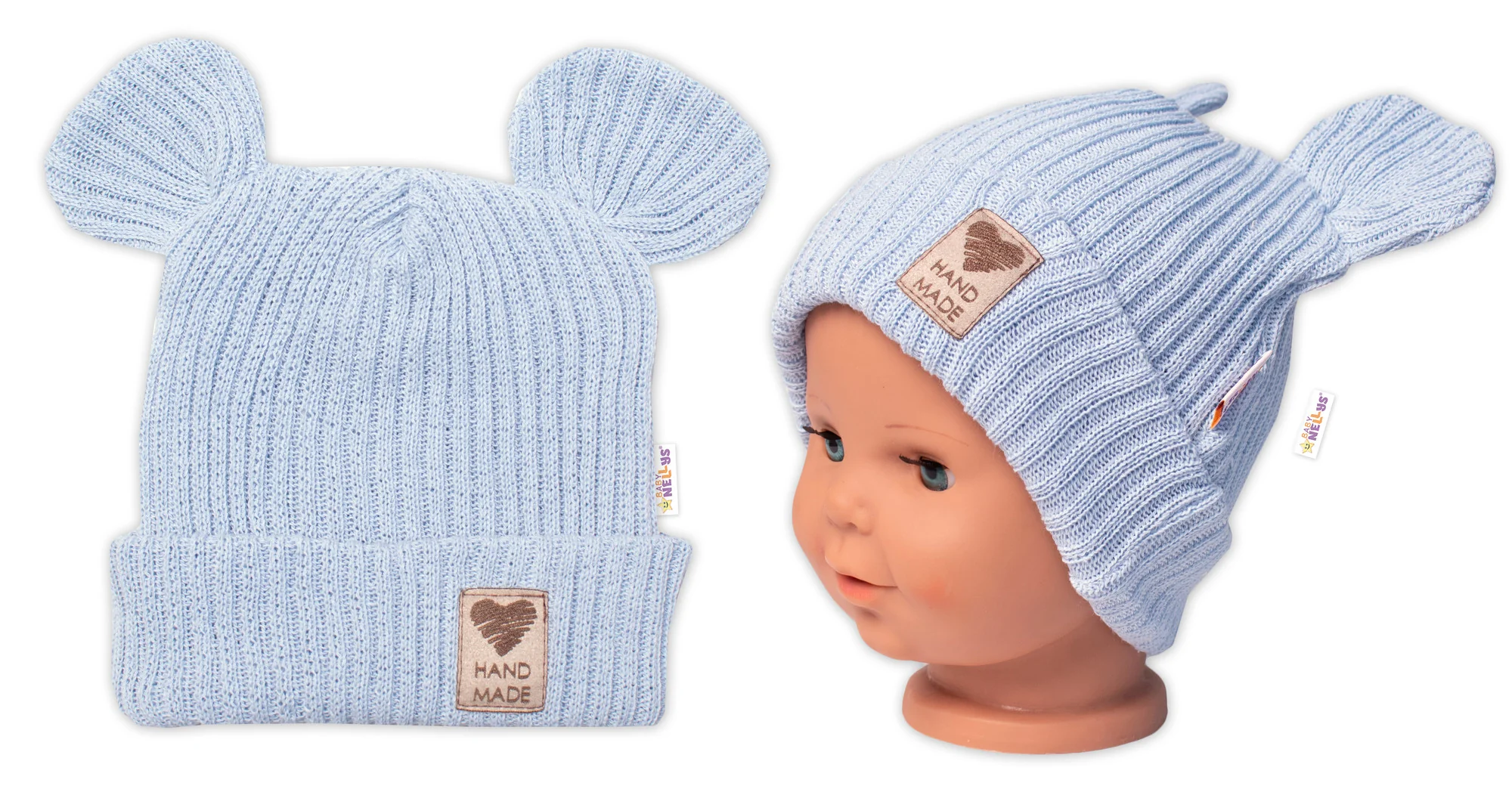 Baby Nellys Pletená bavlněná čepice, dvouvrstvá, Hand Made, modrá,80/86