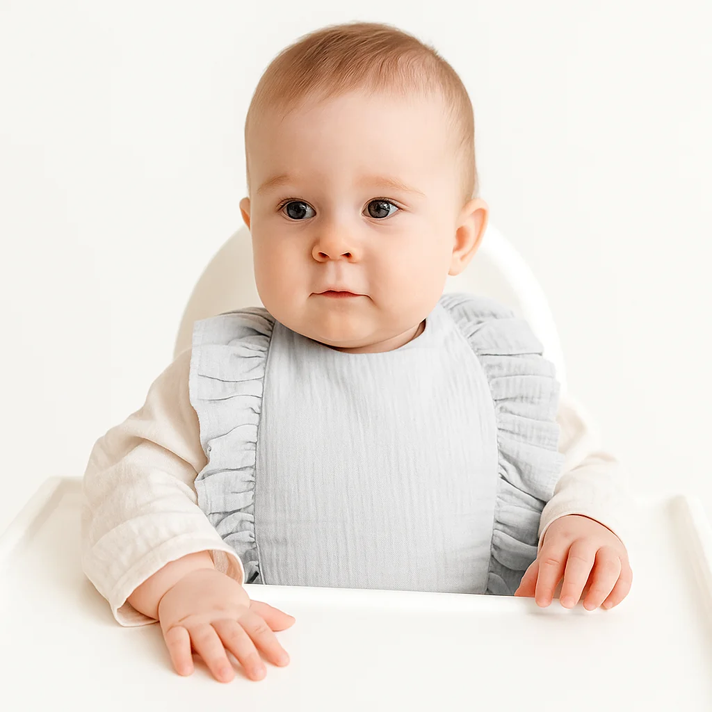 Baby Nellys Nepromokavý mušelínový bryndáček s volánkem Nature - šedý