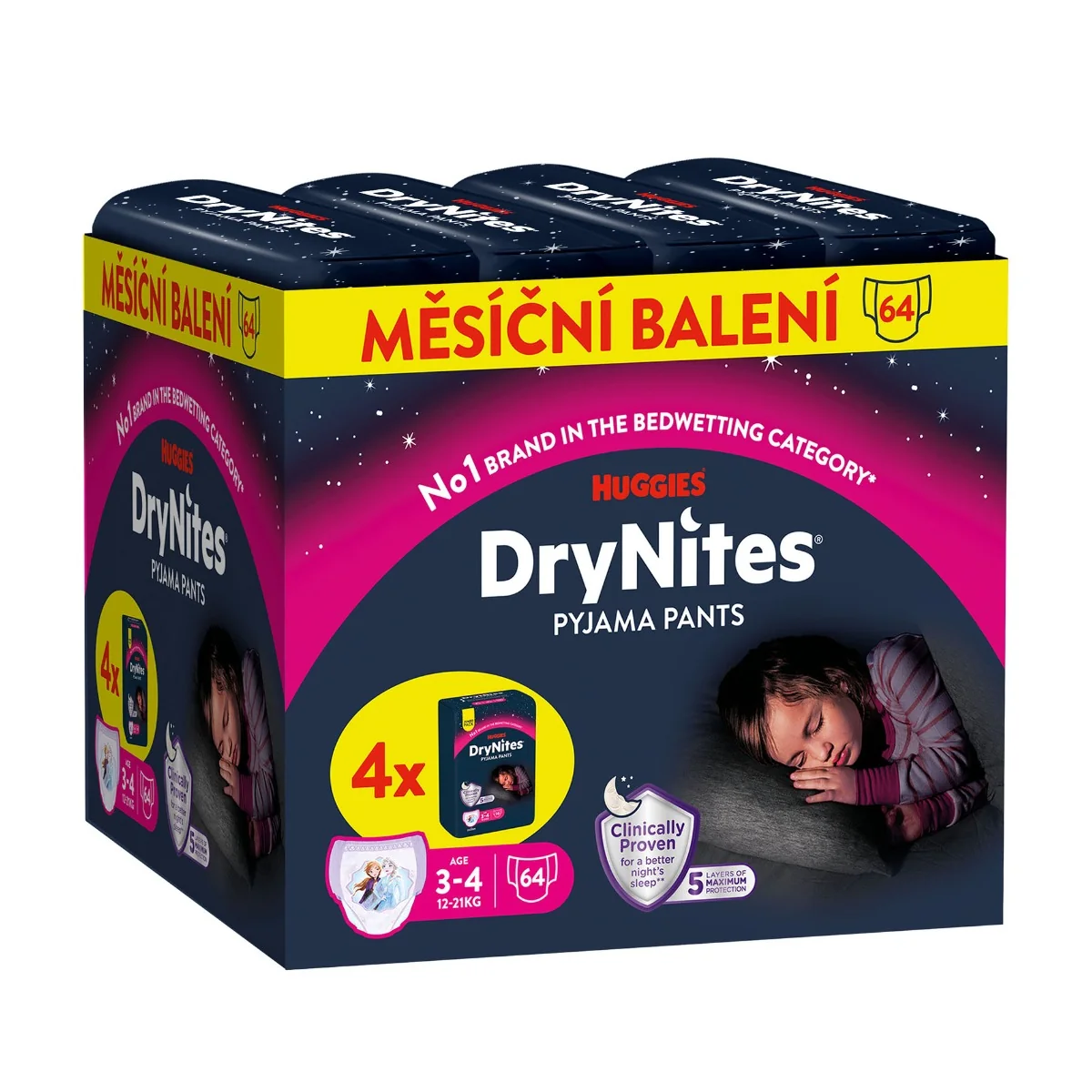 Huggies DryNites Natahovací kalhotky pro dívky 3–4 roky 12–21 kg JUMBO 4x16 ks