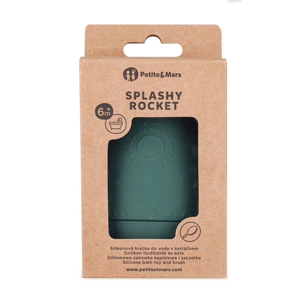 Petite&Mars Hračka silikonová do vody s kartáčkem Splashy Rocket Misty Green 6m+