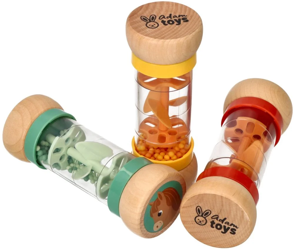 Adam Toys Dřevěné chrastítko/dešťová sprcha s kuličkama, Kočička - žluté
