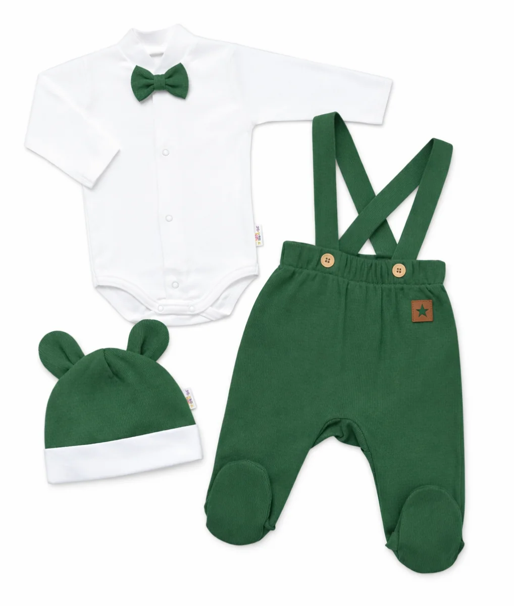 Baby Nellys Bavlněná souprava Gentleman 3D, body, polodupačky, čepička, tm. zelená, vel. 68