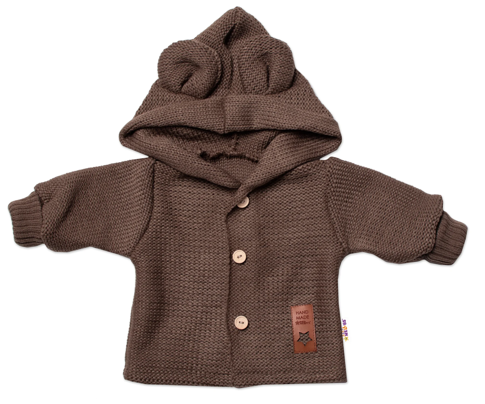 Baby Nellys Pletený svetřík s knoflíčky a kapucí s oušky, hnědý,68