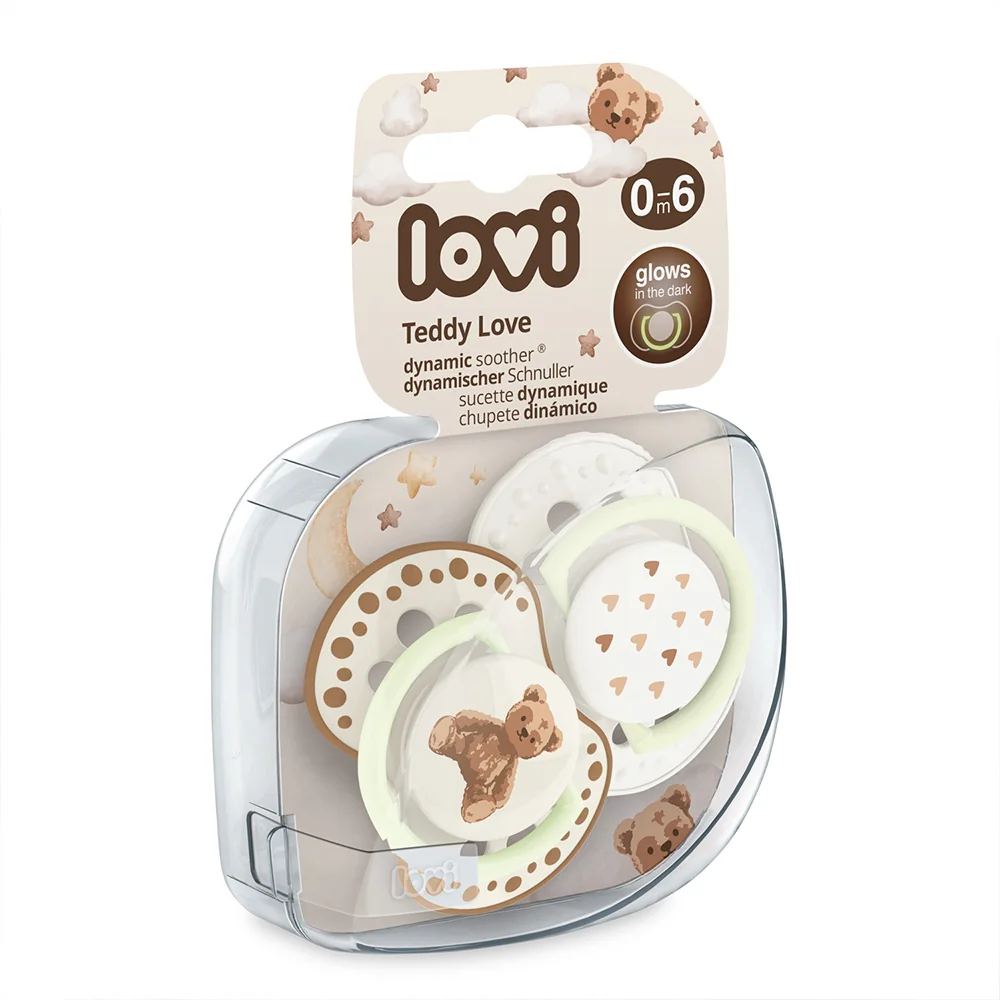 LOVI Teddy Love Dudlík svítící silikonový dynamický 0–⁠⁠⁠⁠⁠⁠6m 2 ks