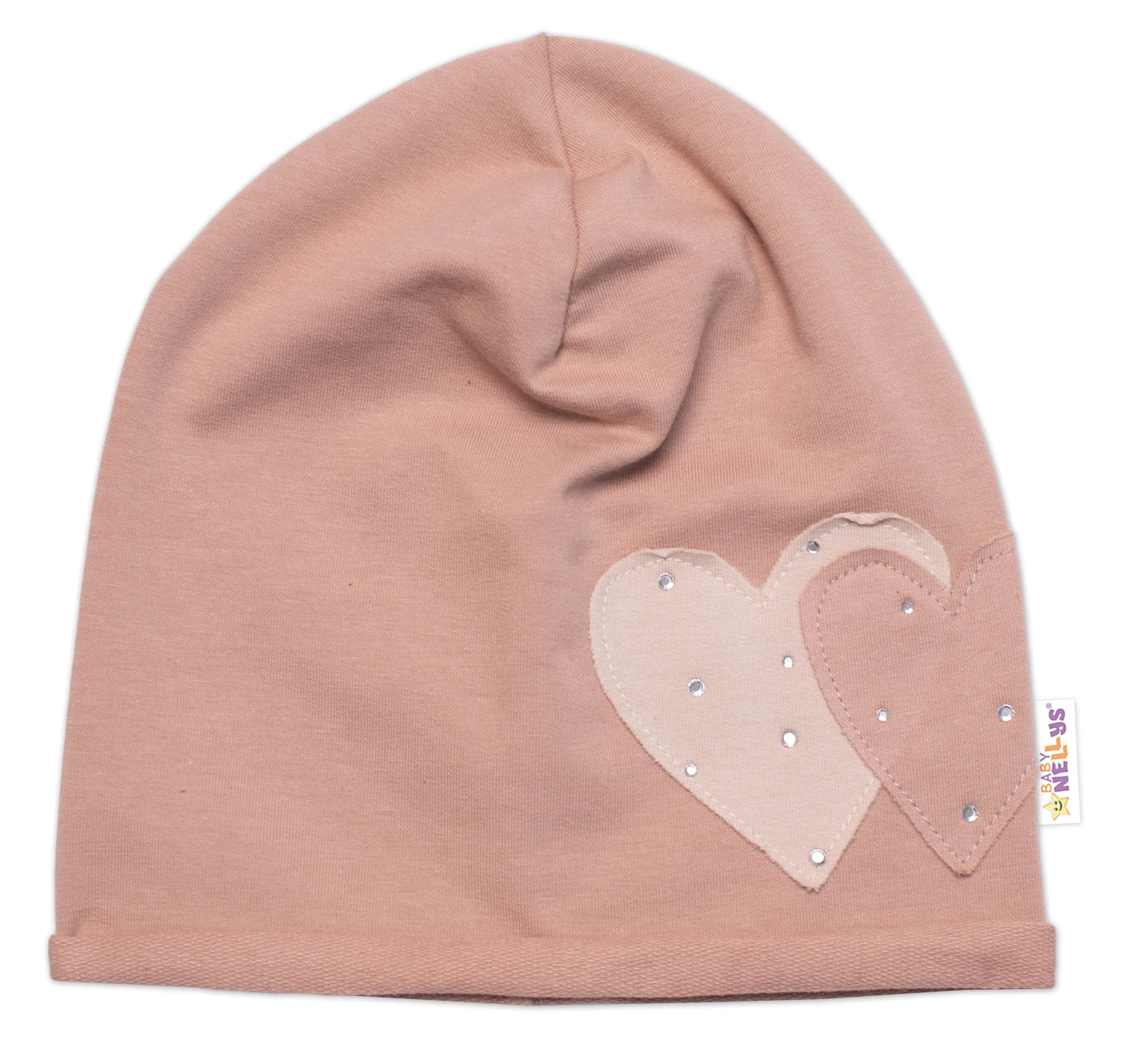 Baby Nellys Dětská čepice bavlna, Srdíčka s kamínky, cappuccino