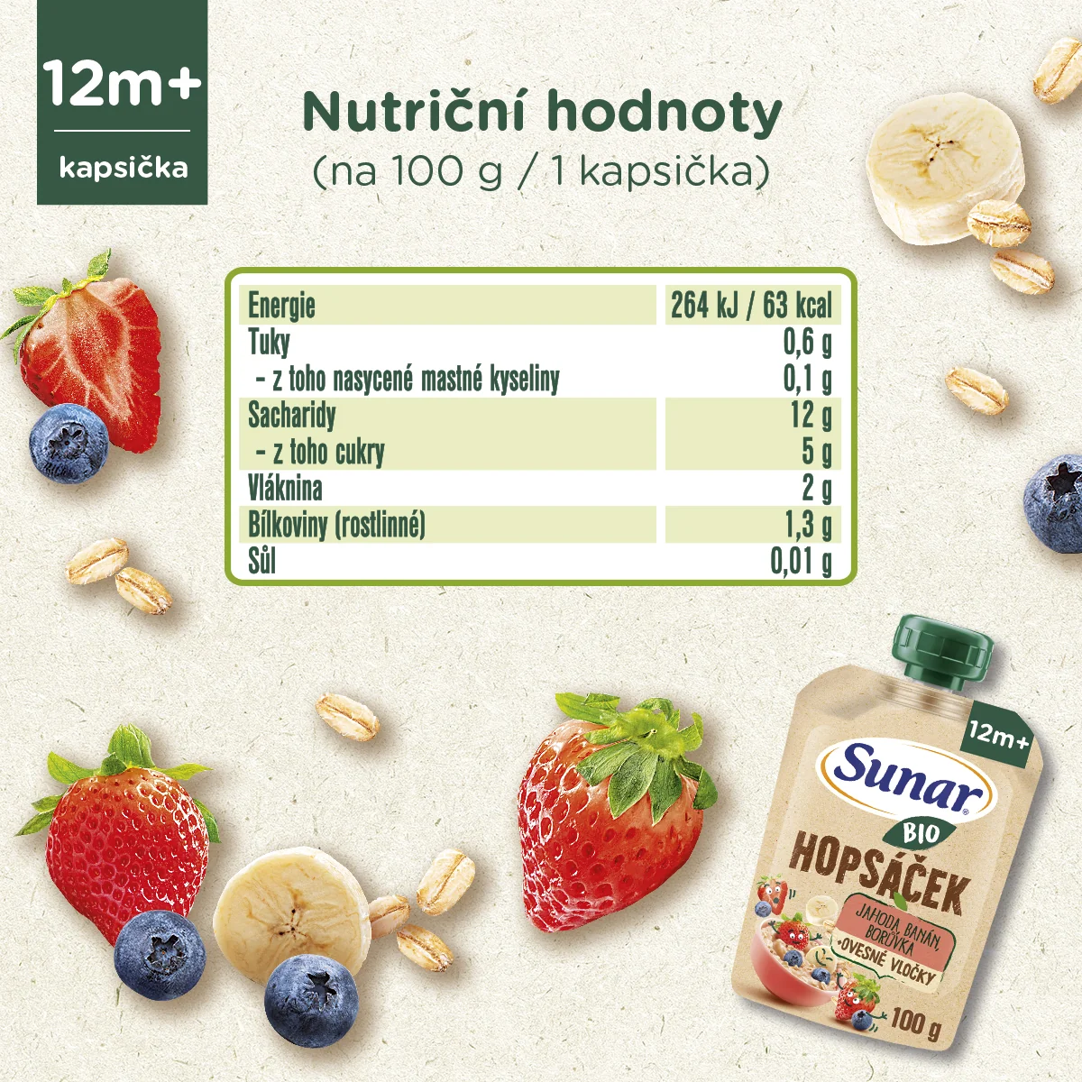 Sunar BIO Hopsáček Jahoda, banán, borůvka, oves kapsička 100 g