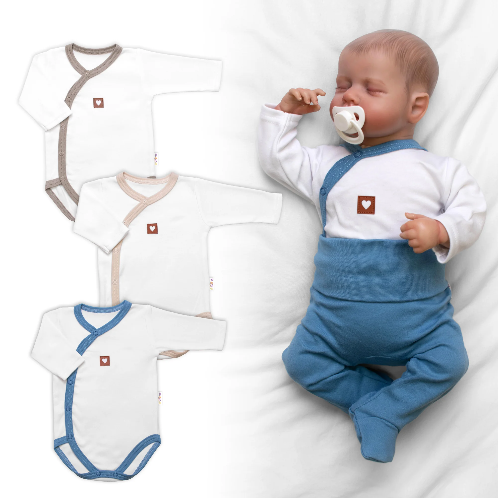 Baby Nellys Rostoucí výhodná sada, 3x Body Nature - modrá/béžová/taupe, vel. 56/62