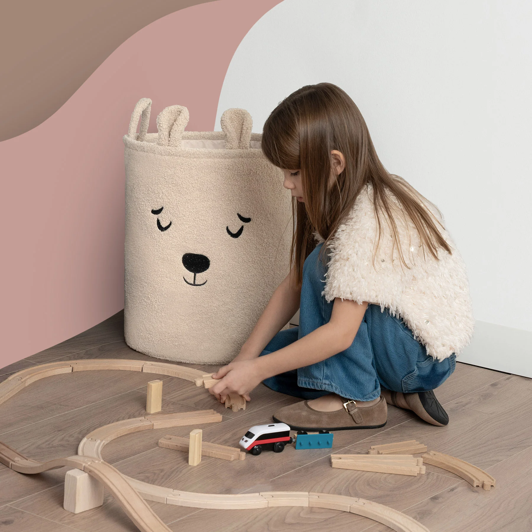 SIPO Koš na hračky Premium Bouclé se šňůrkou / 43 l, Bear (Beige)