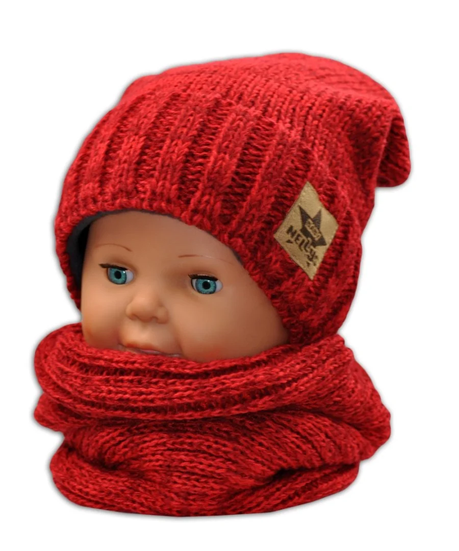 Baby Nellys Podzimní/zimní čepice s komínkem - červená melír
