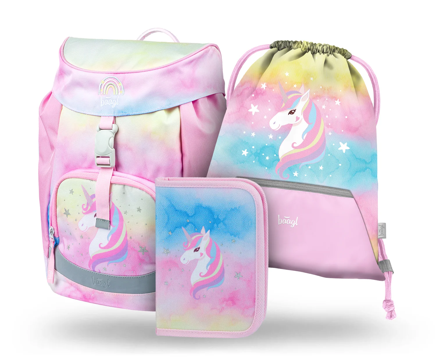 Baagl 3 SET Airy Rainbow Unicorn: aktovka, penál, sáček