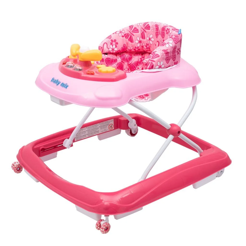 Baby Mix Dětské chodítko  s volantem a silikonovými kolečky růžové