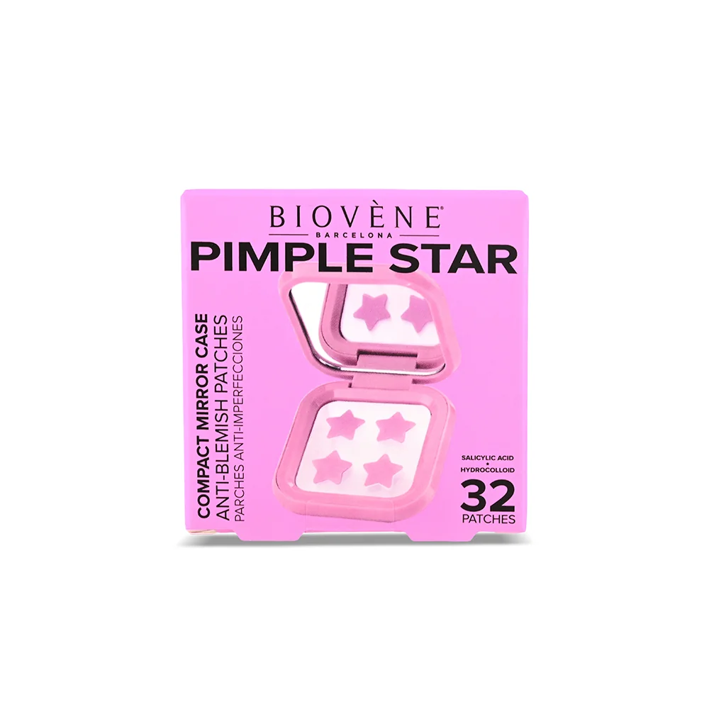 BIOVÉNE Pimple Patches hvězdičkové náplasti v pouzdře se zrcátkem 32 ks růžové