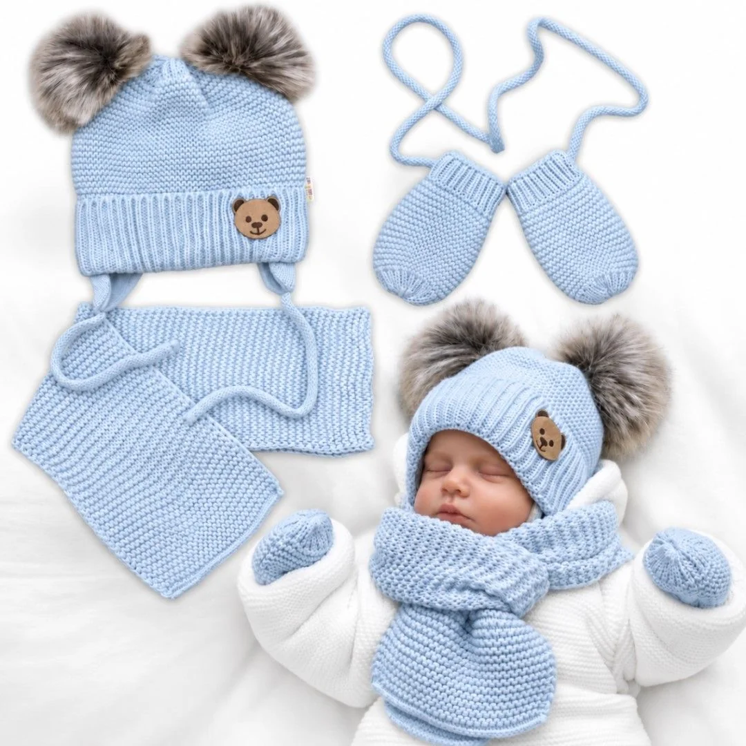 Baby Nellys Dětská sada, zimní čepice s šálou + rukavičky 3D, Teddy Bear - sv. modrá