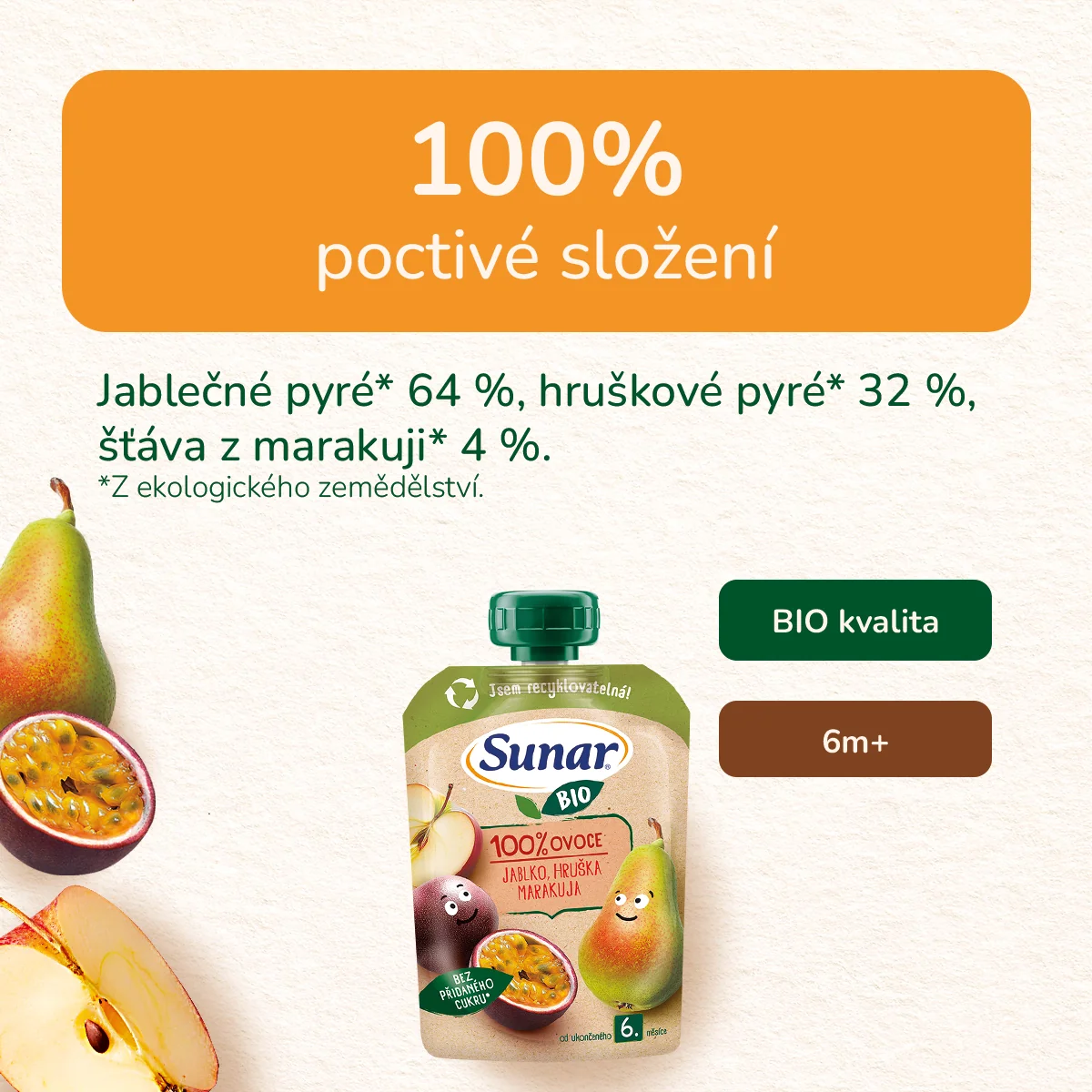 Sunar BIO Jablko, hruška, marakuja 6m+ kapsička 100 g