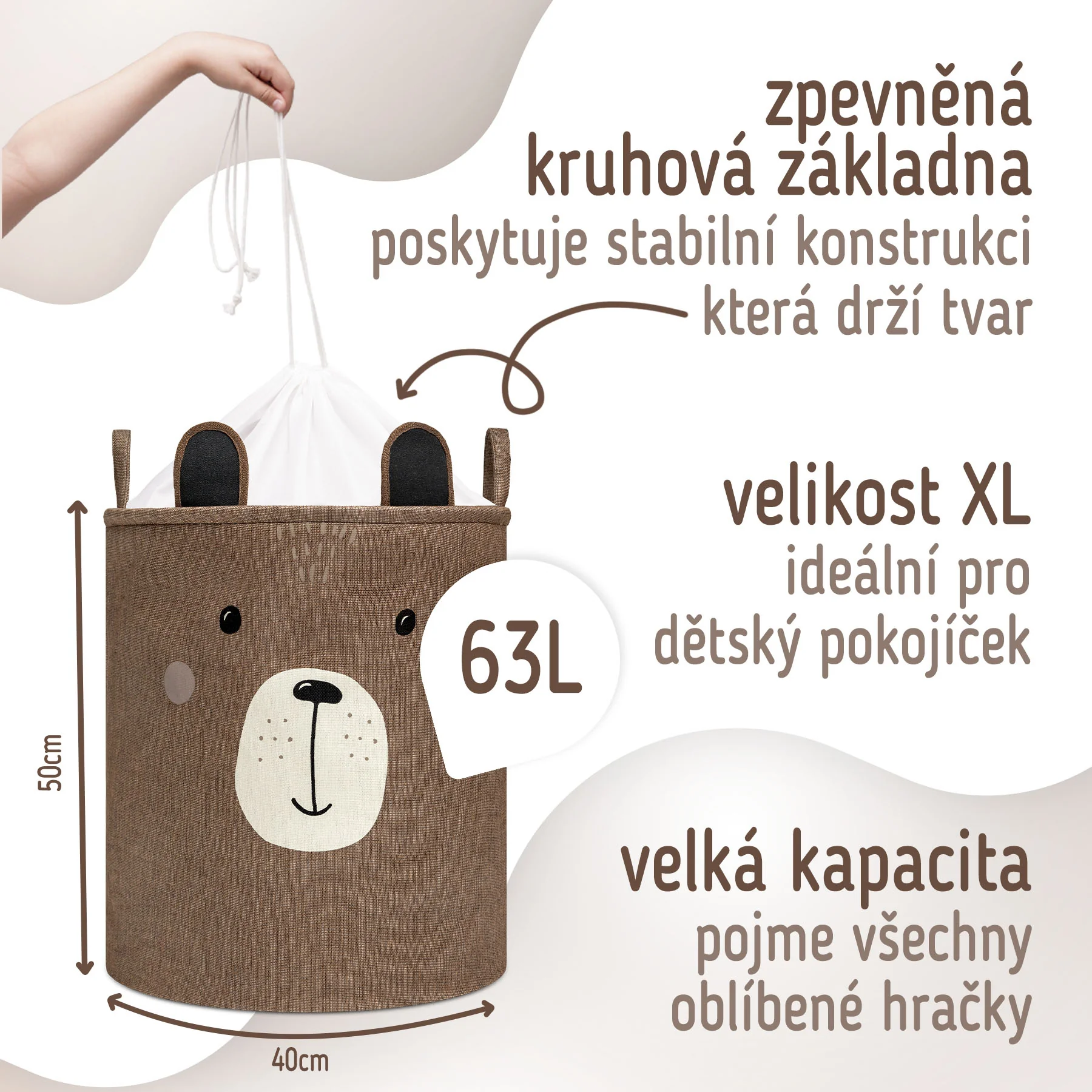 SIPO Koš na hračky XL se šňůrkou, skládací bavlněný / 63 l, Brown Bear