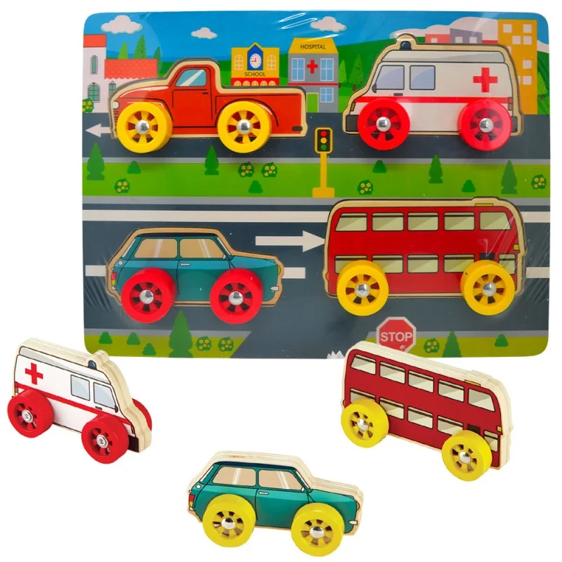 BABU Dřevěné puzzle autíčka - sada 4 ks