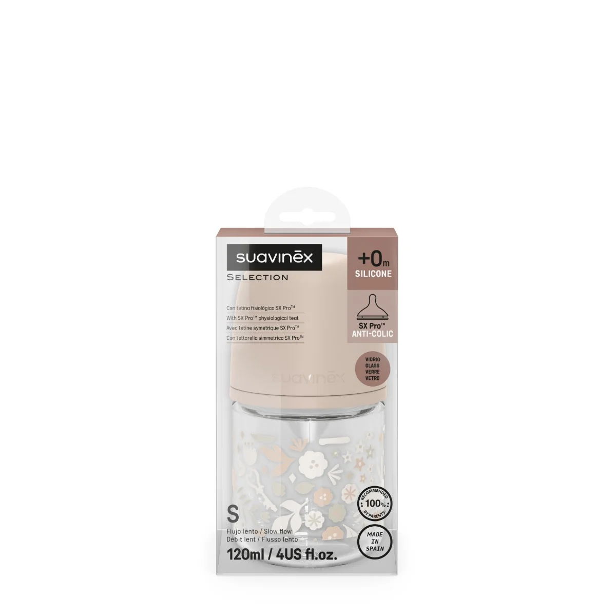 Suavinex Wonderland Skleněná láhev fyziologická SX PRO průtok S 0m+ 120 ml 1 ks liberty růžová