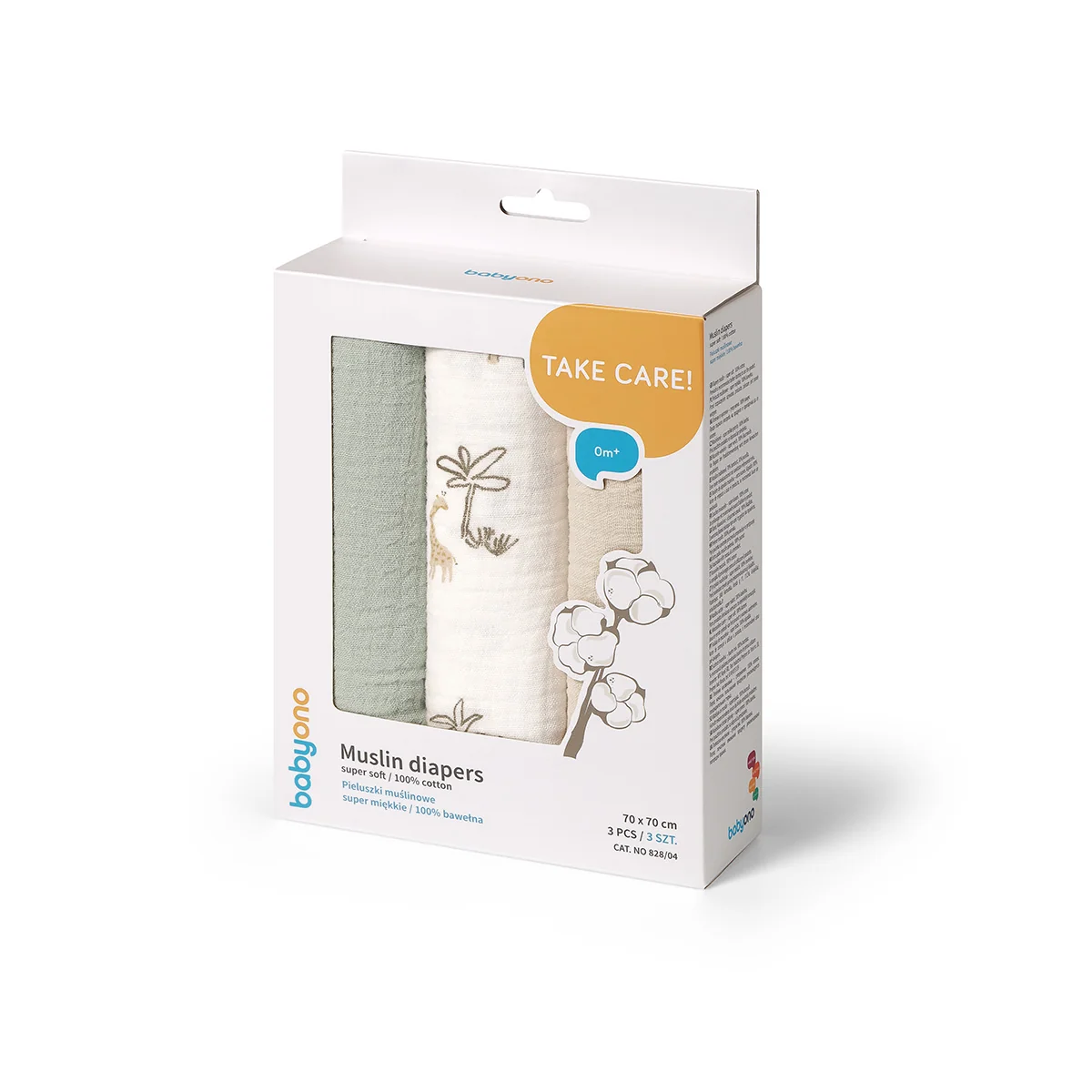 Babyono Mušelínové - super měkké plenky, 3ks 70x70cm - mátová