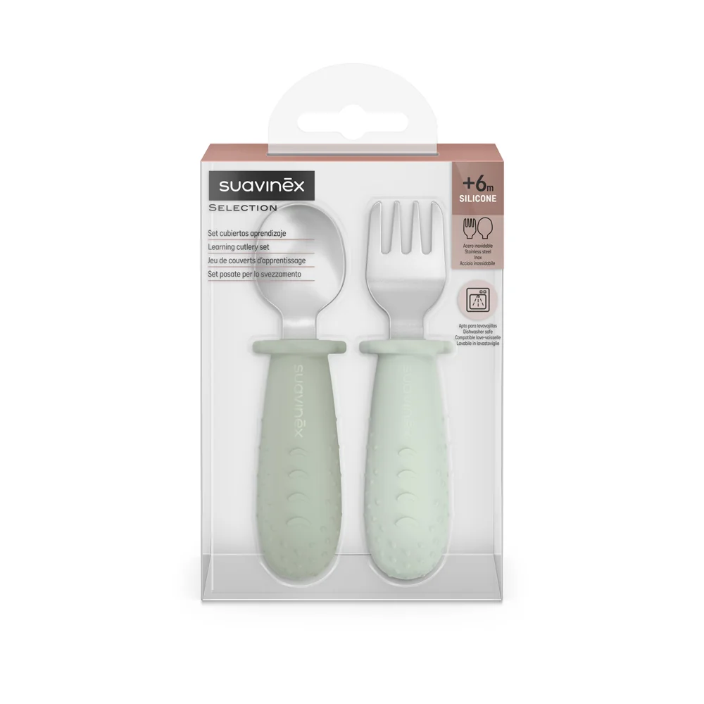 Suavinex Colour Essence Lžička a vidlička 6m+ 2 ks zelené