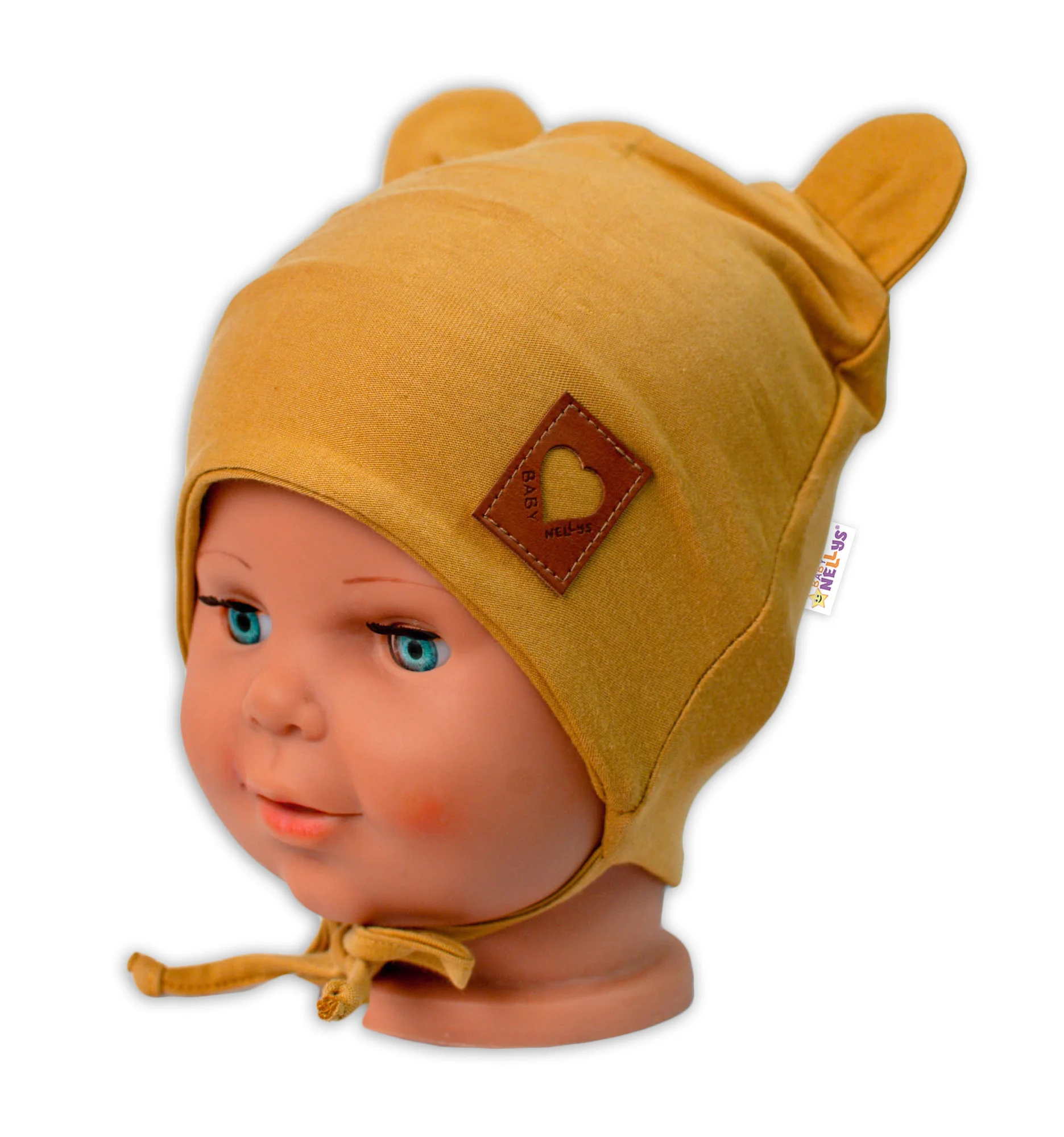 Baby Nellys Bavlněná dvouvrstvá čepice s oušky na zavazování TEDDY - hořčicová,