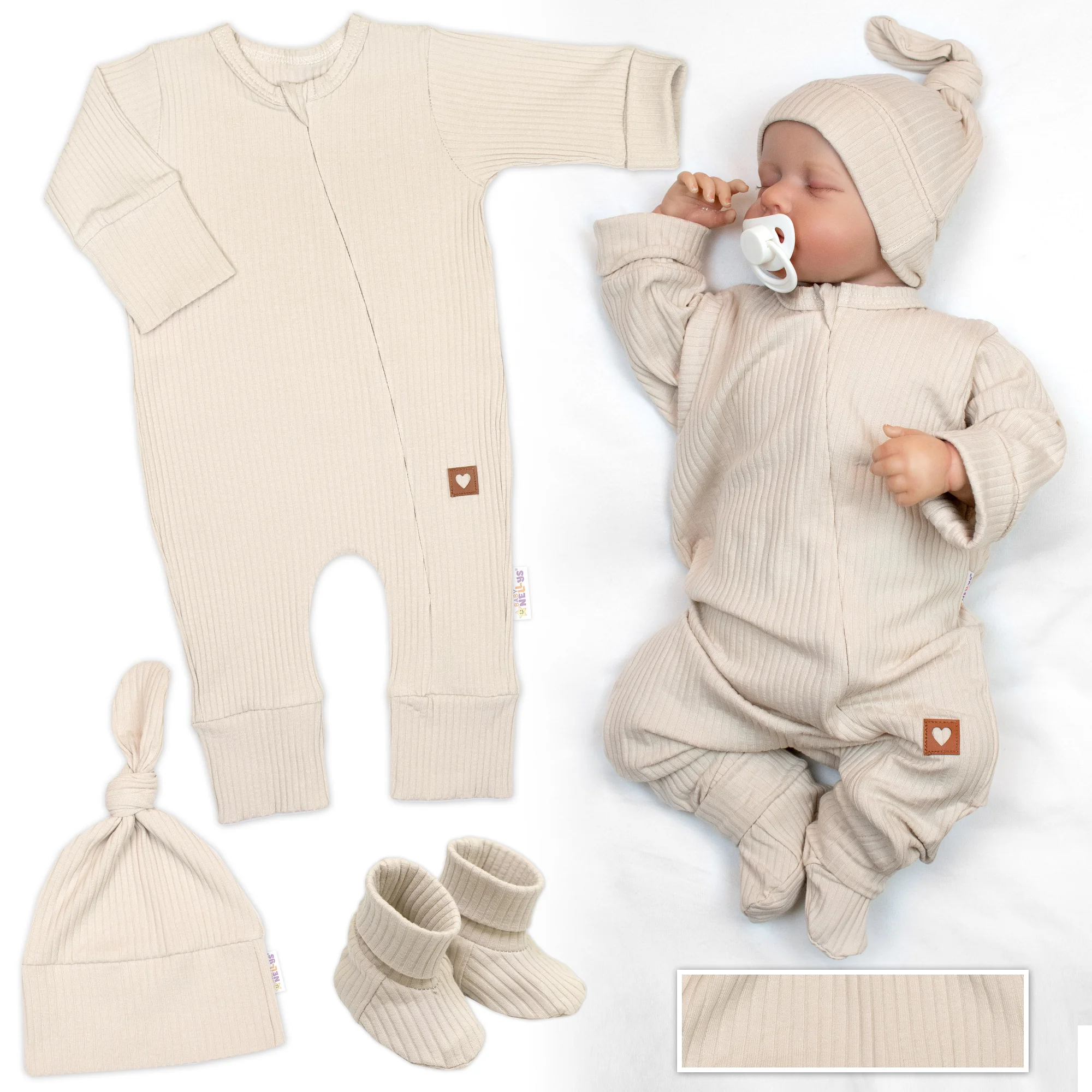 Baby Nellys Rostoucí žebrovaný overálek, čepička a botičky,  sv. béžová, vel. 86/92