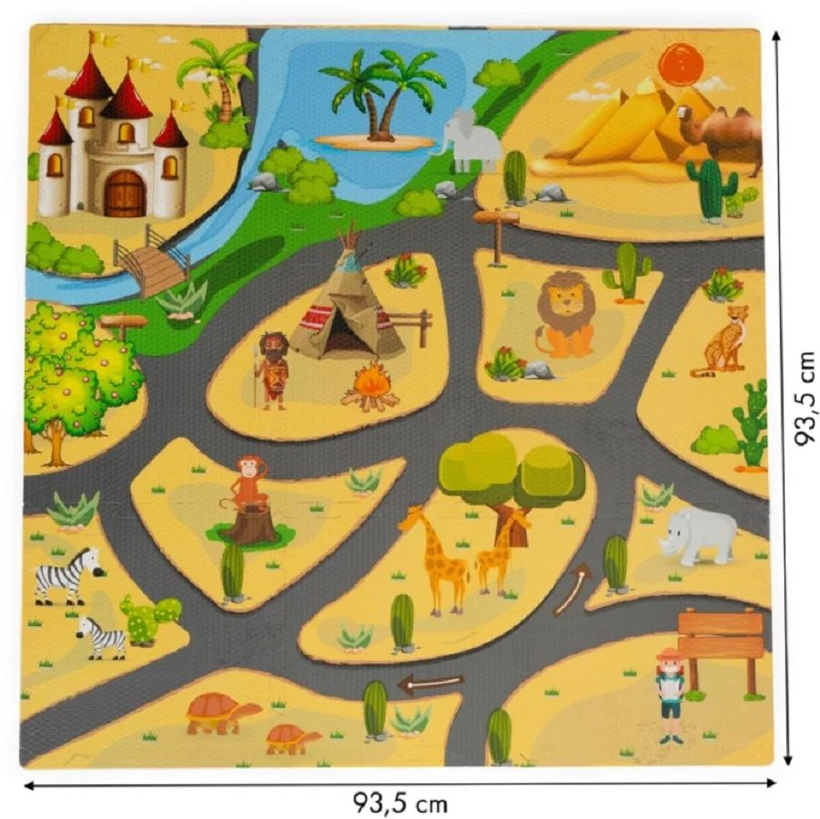 EcoToys Dětské pěnové puzzle 93,5x93,5cm, hrací deka, podložka na zem Safari, 9 dílů,