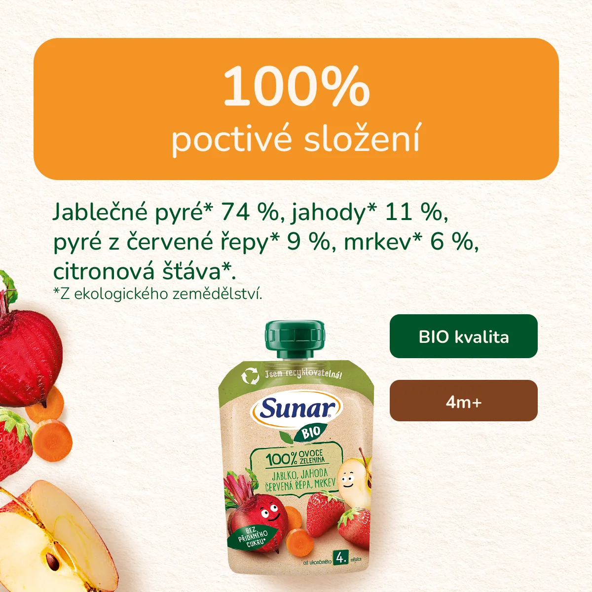 Sunar BIO Jablko, jahoda, červená řepa, mrkev kapsička 100 g